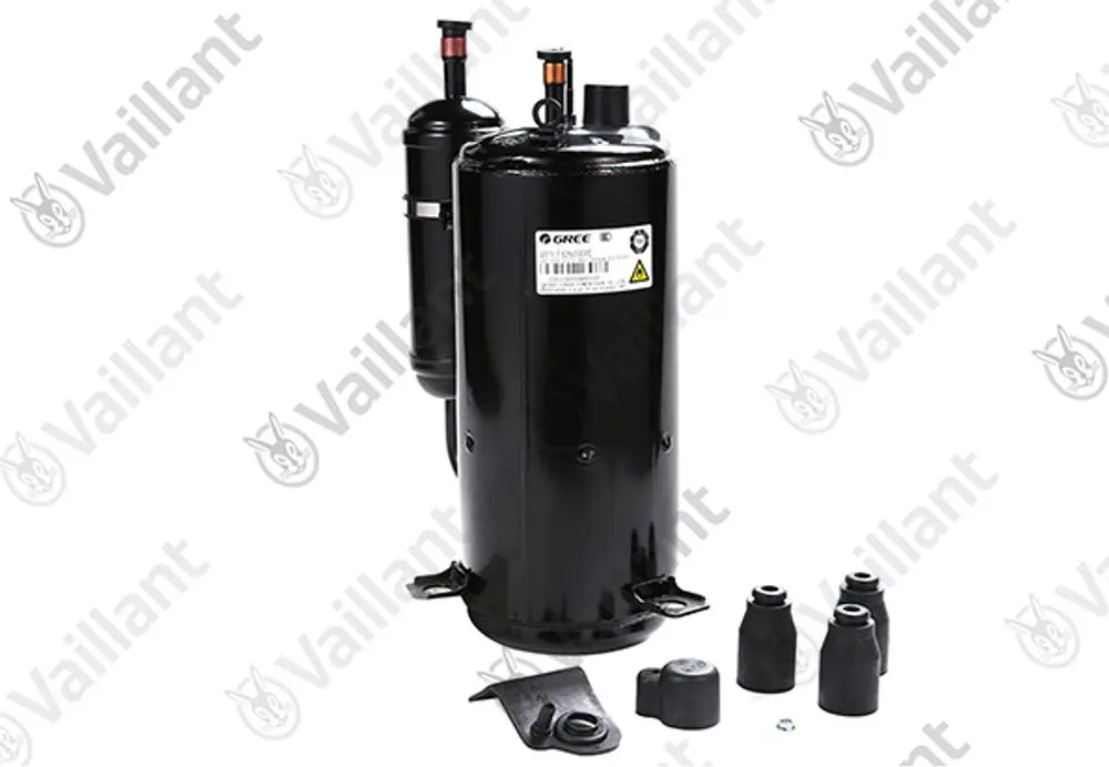 Vaillant Kompressor aus schwarzem Metall mit zwei Anschlussleitungen und mehreren Gummiteilen auf einem weißen Hintergrund.